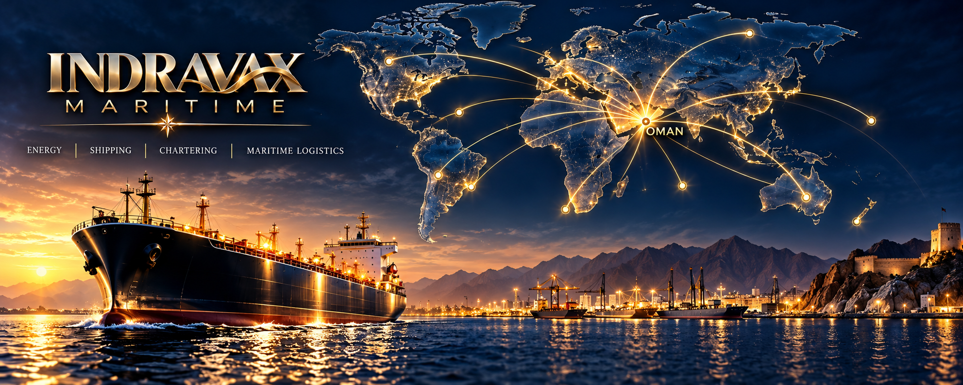Indravax Maritime — global crude oil shipping network converging on Oman